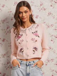 Enchnt Cardigan casual da donna con collo rotondo, maniche raglan e ricamo floreale monopetto - Rosa - Visualizzare 2