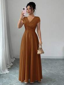 Elenzga 女士V领收腰优雅浪漫短袖连衣裙 - 咖啡棕 - 查看 7