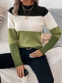 SHEIN LUNE 女士休闲撞色罗纹针织毛衣，秋冬 - 綠色 - 查看 4
