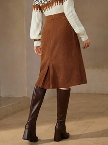 Wildy High Waist Slant Pocket Corduroy Skirt