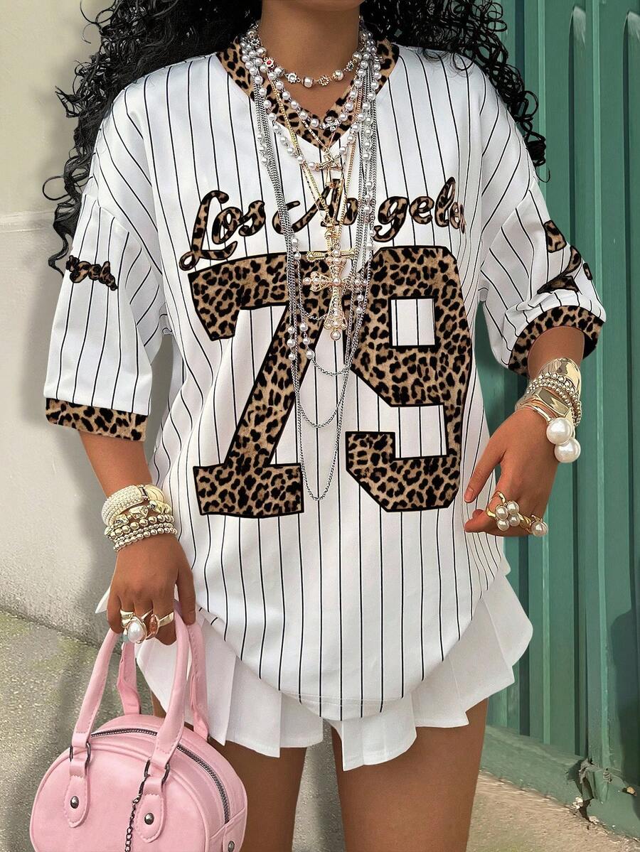 Rovax 大码休闲条纹豹纹字母和数字图案 T 恤图案猎豹印花 T 恤女式上衣 - 彩色 - 查看 1