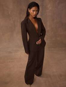 SHEIN BAE Women's Solid Color Waist Cinched Jacket And Pants Suit Set - Brown - View 6