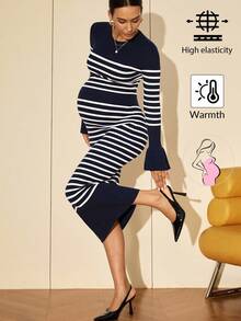 MaterniWear 孕妇休闲条纹紧身毛衣裙，秋冬 - 藍白色 - 查看 4