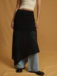 Nöista Black  Lace Skirt With A Fitted Upper Panel Semi-Sheer Geometric Lace Lower Skirt  A Subtle Flared Hem Offering A Romantic  Elegant Bohemian Look Suitable For Holiday  Winter; Perfect For Pairing With Fitted Bodysuits Silk Camisoles Or Chunky Knitwear For Parties Dates Evening Outings Summer Festivities Or Spring Guest Outfits.  Vacation Luxury Going Out  Wedding  Party    Festival  Holiday  Summer - Black - View 3