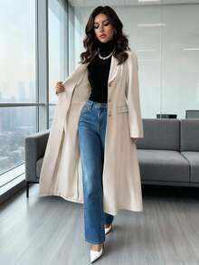 Rafferiza 时尚通勤百搭金属扣腰部修身卡其色女式夹克，优雅商务休闲西装外套，适合秋季/春季 - 卡其色 - 查看 3