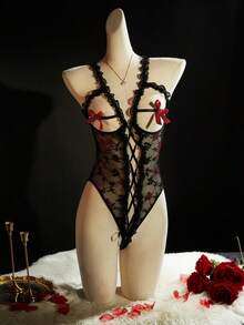 SpicyHot 黑色蕾丝性感开裆蝴蝶结装饰束缚紧身衣 - 彩色 - 查看 1