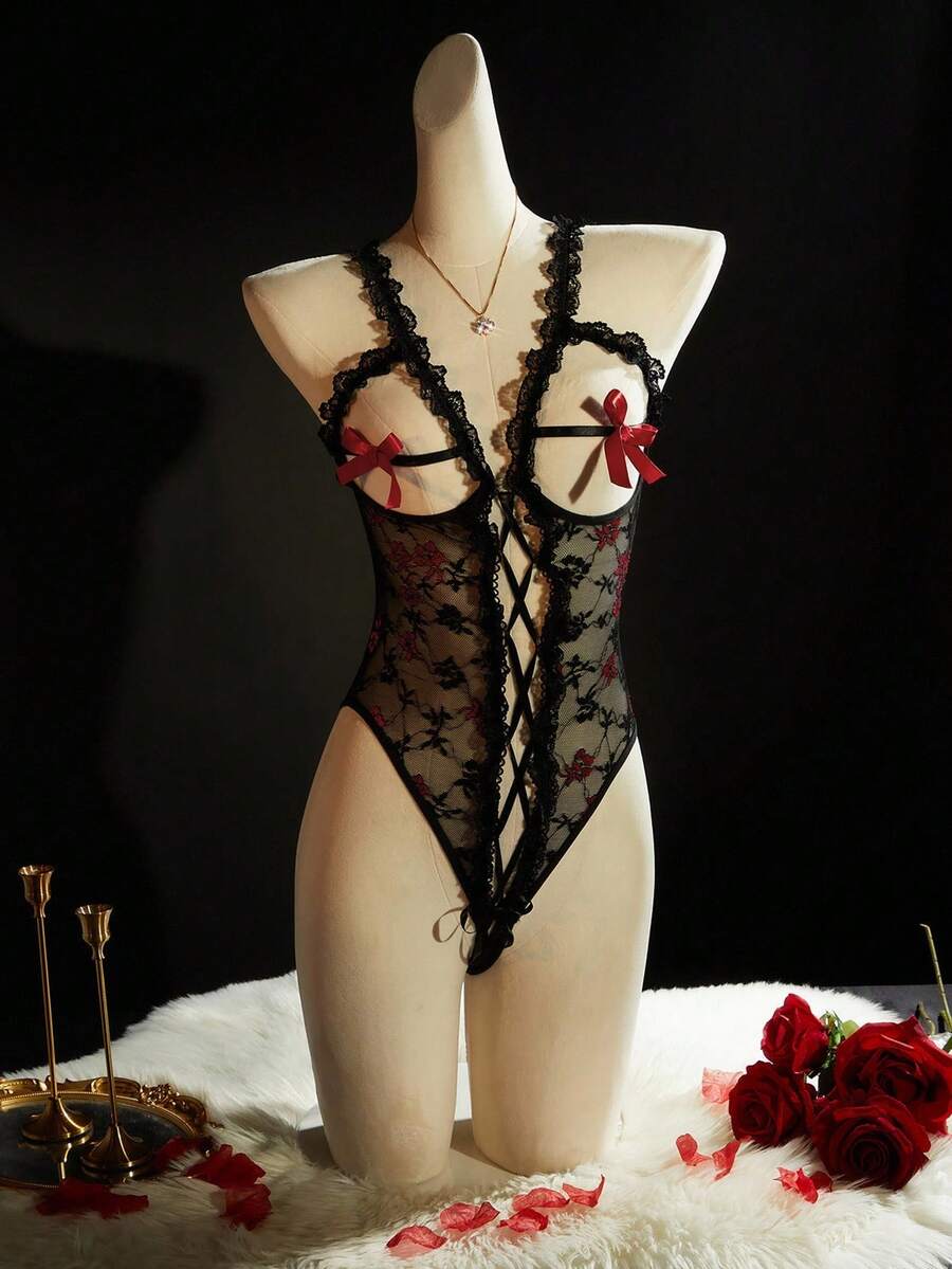 SpicyHot 黑色蕾丝性感开裆蝴蝶结装饰束缚紧身衣 - 彩色 - 查看 1