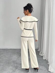 Rafferiza 女式优雅荷叶边V领撞色针织上衣+裤子套装 - 彩色 - 查看 2