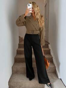 Easowa 双排扣收腰短款风衣，休闲优雅女式风衣棕色衬衫棕色西装外套女士卡其色上衣卡其色女装咖啡棕色上衣秋冬女装 - 駝色 - 查看 5