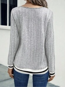 SHEIN LUNE Grey Ribbed Contrast Trim Casual Loose Sweatshirt - Multicolor - View 2