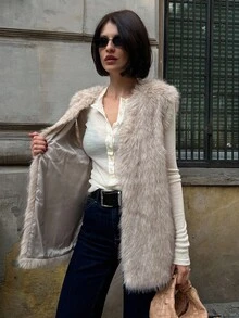 DAZY Women's Autumn Elegant Front Open Faux Fur Vest Jacket