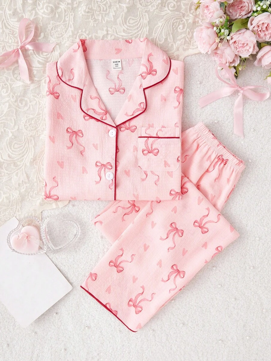 女学生睡衣，女孩可爱樱桃印花长裤和长袖休闲两件套家居服套装 - 彩色 - 查看 1