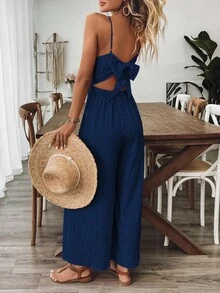 Breezaya 女式V领紫红色无袖连体裤，春夏度假风格 - 藏蓝色 - 查看 6