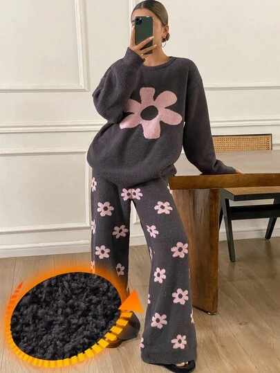 DAZY 女士2件套碎花宽松针织长袖上衣和裤子睡衣套装，秋冬季保暖保暖。