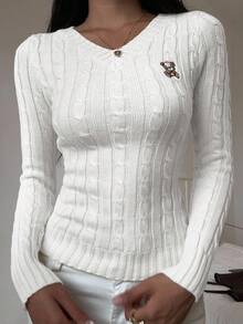 SHEIN EZwear Suéter de mujer con bordado de oso, de cuello en V, de manga larga, suéter con bordado de oso Teddy, suéter de punto de cable, suéter blanco, jersey para mujer, jersey blanco, ropa de otoño e invierno para mujer