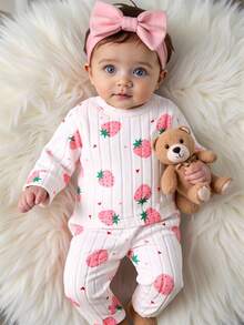 2pcs/Set Newborn Baby Girls Cute Cartoon Strawberry Print Knitted Elastic Ribbed Long Sleeve Top And Elastic Waist Pants, Suitable For Spring, Summer, Autumn And Winter, Suitable For Daily Life And Leisure Fall - Multicolor - View 4