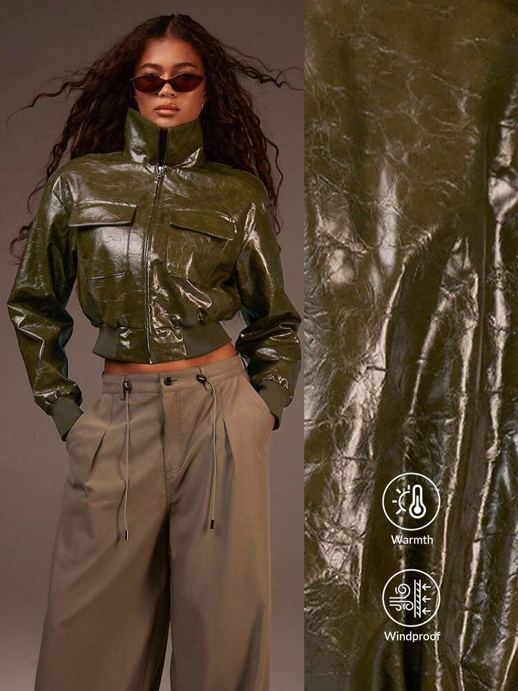 Athîral Modische Kurzjacke mit Stehkragen für Pendlerinnen, Herbst - Dunkelgrün - Übersicht 3