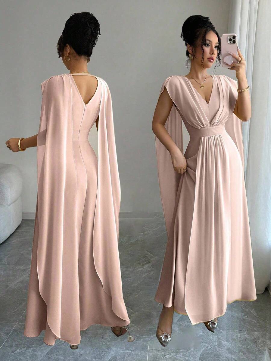 Elenzga Women's Solid Color Splice Ribbon Elegant V-Neck Cinched Waist Long Dress - Baby Pink - View 1