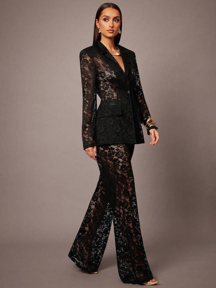 Pantalones de campana de cintura alta con encaje floral elegante y de moda para mujer - Negro - Añade 5