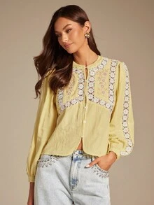 Enchnt Fall/Winter Romantic Women's Yellow Floral Lace Patchwork Round Neck Lantern Sleeve Single-Breasted Fashion Blouse, Casual & Comfortable For Birthday & Holiday Party & Sweet Date & Daily Commuting & Vacation,Fall Blouse For Women,Autumn Clothes