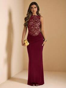 SHEIN BAE 女士黑色无袖蕾丝针织拼接优雅美人鱼连衣裙，适合婚礼、伴娘、婚礼宾客等场合，黑色连衣裙 - 酒紅色 - 查看 1