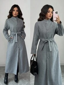 Selianne 女士灰色加厚面料立领插肩袖腰部抽绳设计优雅教师外套，适合圣诞夜、圣诞节、万圣节、感恩节、圣诞派对、排灯节、秋冬季等场合。 - 灰色 - 查看 1