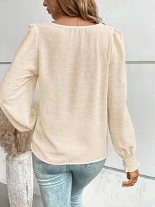 EMERY ROSE 瑞士圆点花边蕾丝嵌花灯笼袖衬衫，女士休闲撞色蕾丝、褶边、褶皱长袖圆领常规版型常规杏色主教袖上衣女士衬衫，春季/秋季，休闲日常穿着 - 杏色 - 查看 2