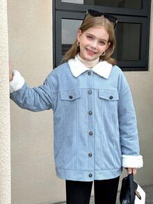 SHEIN 适合青少年女孩的浅蓝色落肩泰迪绒内衬长袖纽扣外套，适合秋冬季穿着 - 藍色 - 查看 8