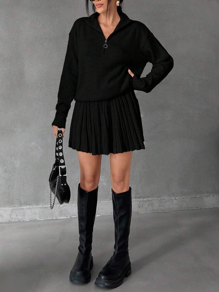 EURMUSE Women Solid Color Zipper Neck Drop Shoulder Pullover & Sweater Skirt Set - Black - View 6
