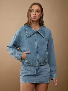 WESTFADE Ruffle Collar Zipper Front Elastic Waist Relaxed Fit Cotton Blend Denim Bomber Jacket Fall, Autumn, Winter, Nashville Country Concert, Boho, Casual Cute Western Wear - Light Wash - View 2