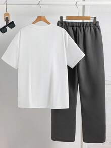 SHEIN 2pcs Teenager Boys' White Teddy Bear & Letter Print Crew Neck Short Sleeve T-Shirt And Sweatpants Set,Summer Streetwear Graduation Back-To-School - Multicolor - View 3