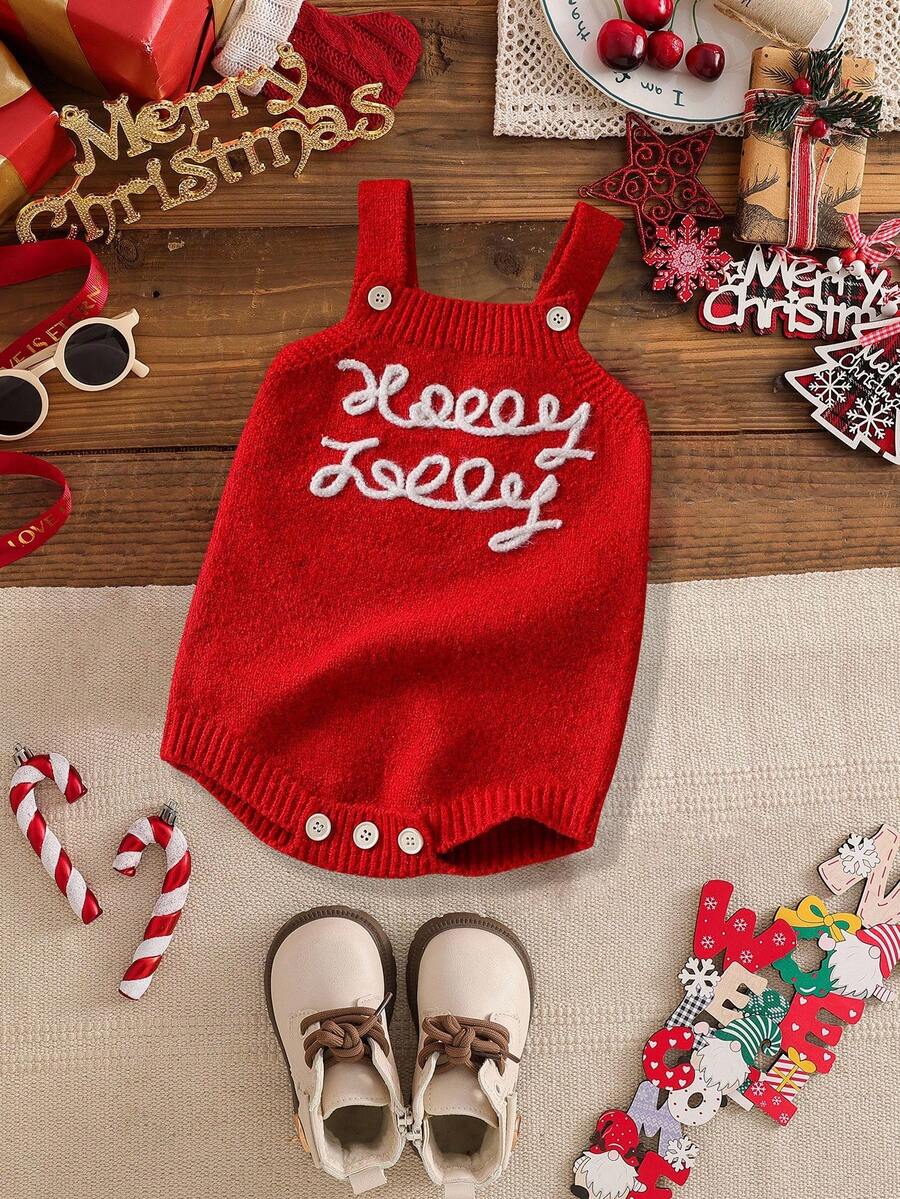 Barboteuse de Noël pour bébé fille avec broderie de lignes et pantalon à bretelles, convient pour le printemps, l'automne et l'hiver - Rouge - Voir 1