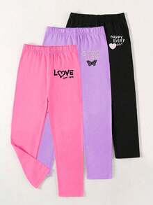 SHEIN 3 件装年轻女孩休闲可爱字母和心形印花紧身裤，秋季/春季 - 彩色 - 查看 4