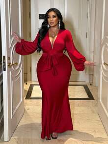 NU&NOW Plus Size New Year Women's Red Ruffled Waist Tie-Waist Lantern Sleeve Long Sleeve Slim Fit Dress, Suitable For Dates, Parties, And Autumn/Winter Wear. - Red - View 4