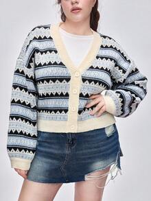 ROMWE Kawaii Große Größen Lässig vielseitiger schlankheitsoptimierender Fair Isle Strickjacke, Herbst/Winter - Grau - Übersicht 4