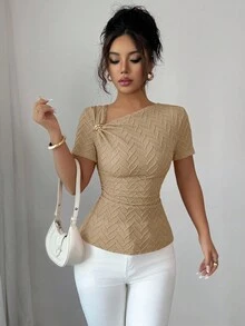 Elenzga Áo thun tay ngắn họa tiết nút vàng hồng 3D cổ bất đối xứng thanh lịch dành cho nữ - Màu Khaki - Xem 6