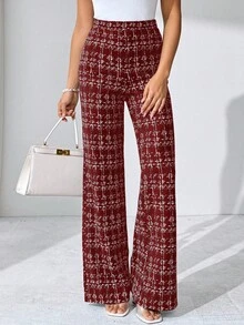 SHEIN Tall CURVE Quần dệt kim co giãn họa tiết kẻ caro thanh lịch dành cho nữ cỡ lớn mùa hè, phù hợp cho nhiều dịp khác nhau, thích hợp cho kỳ nghỉ hè, du lịch thanh lịch và đi làm hàng ngày - Màu Đỏ Sâu - Xem 5