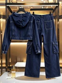 GlowEve 女士休闲时尚街头风格翻盖牛仔夹克单排扣连帽牛仔裤套装，春秋 - 深色水洗藍 - 查看 2