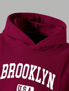 少女款“BROOKLYN”休闲字母印花卫衣，时尚独特，四季皆宜，酒红色卫衣，日常穿着舒适，时尚卫衣 - 紅色 - 查看 3