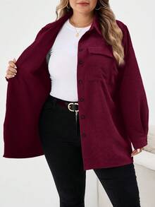 SHEIN CURVE+ 大码女式休闲纽扣长袖纯色夹克大码灯芯绒衬衫 8xl 女装大码大码衬衫曲线衬衫 6xl 加大女装，秋季女装冬季秋装/秋冬 - 酒紅色 - 查看 5