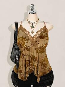 SHEIN ICON Áo hai dây họa tiết ren tương phản Hippie cỡ lớn cho nữ, viền bất đối xứng, thích hợp cho lễ hội, kỳ nghỉ hè, mùa tốt nghiệp, trở lại trường - Màu vàng - Xem 2