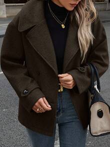 Aalyst Women's Solid Color Oversized Lapel Double-Breasted Casual Long Sleeve Overcoat