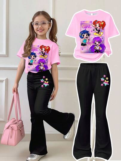 SHEIN Leap Crew Conjunto de 2 piezas de camiseta de manga corta de cuello redondo holgada y pantalones acampanados, color lila rosa, estilo de dibujos animados de K-POP, adecuado para niñas preadolescentes en otoño