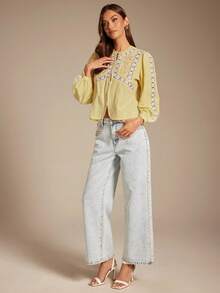 Enchnt Fall/Winter Romantic Women's Yellow Floral Lace Patchwork Round Neck Lantern Sleeve Single-Breasted Fashion Blouse, Casual & Comfortable For Birthday & Holiday Party & Sweet Date & Daily Commuting & Vacation,Fall Blouse For Women,Autumn Clothes