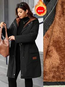 Easura Fashionable Casual Retro Elegant Comfortable Contrast Color Patchwork Waist Cinched Padded Coat - Black - View 3