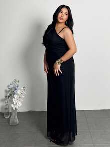 Firerie 加大码女式优雅简约时尚别致日常基本款专业办公室通勤网红音乐节海滩度假透视不对称领口褶皱紧身连衣裙，无袖 - 黑色 - 查看 6