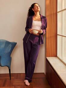 LUVLETTE 秋冬季黄色柔软100%纯棉撞色滚边基本款纽扣上衣和裤子家居服睡衣套装，裤子带口袋，女士秋季家居服套装