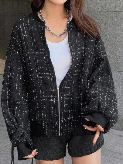 FRIFUL 女性用 秋 ドロップショルダー 長袖 チェック カジュアル ルーズ ベースボールジャケット