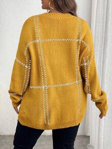 Elenzga Plus Size Women Plaid Round Neck Drop Shoulder Long Sleeve Casual Loose Pullover Sweater, Autumn/Winter - Yellow - View 2