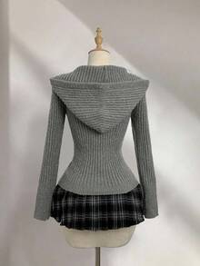 Elamini Casual Versatile Solid Color Hooded Women Sweater - Grey - View 2
